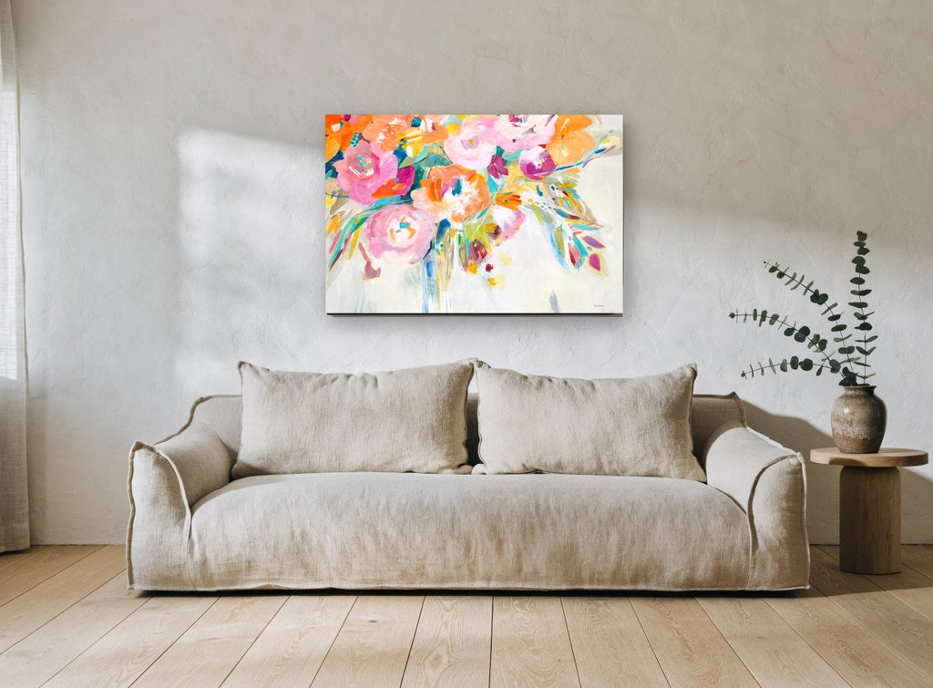 Loose Bloom Bouquet floral canvas print on the wall of a living room