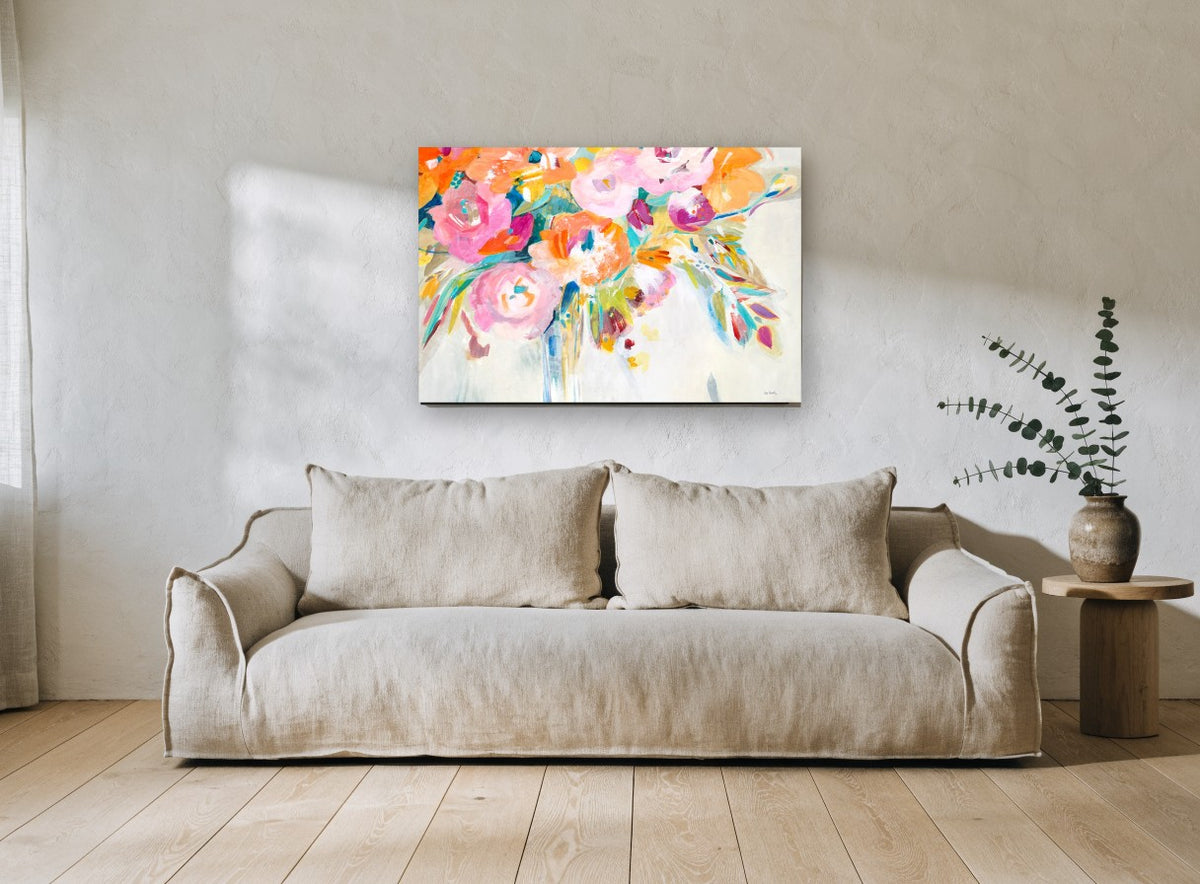 Loose Bloom Bouquet floral canvas print on the wall of a living room