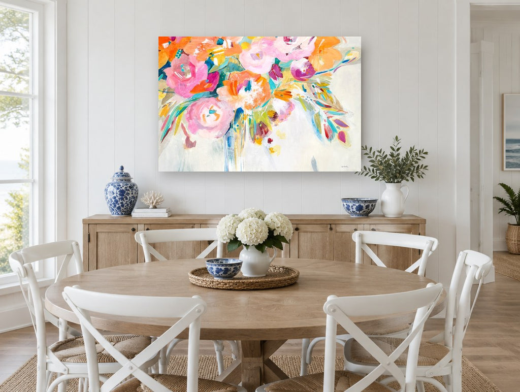Loose Bloom Bouquet floral canvas print on the wall of a Hamptons dining room
