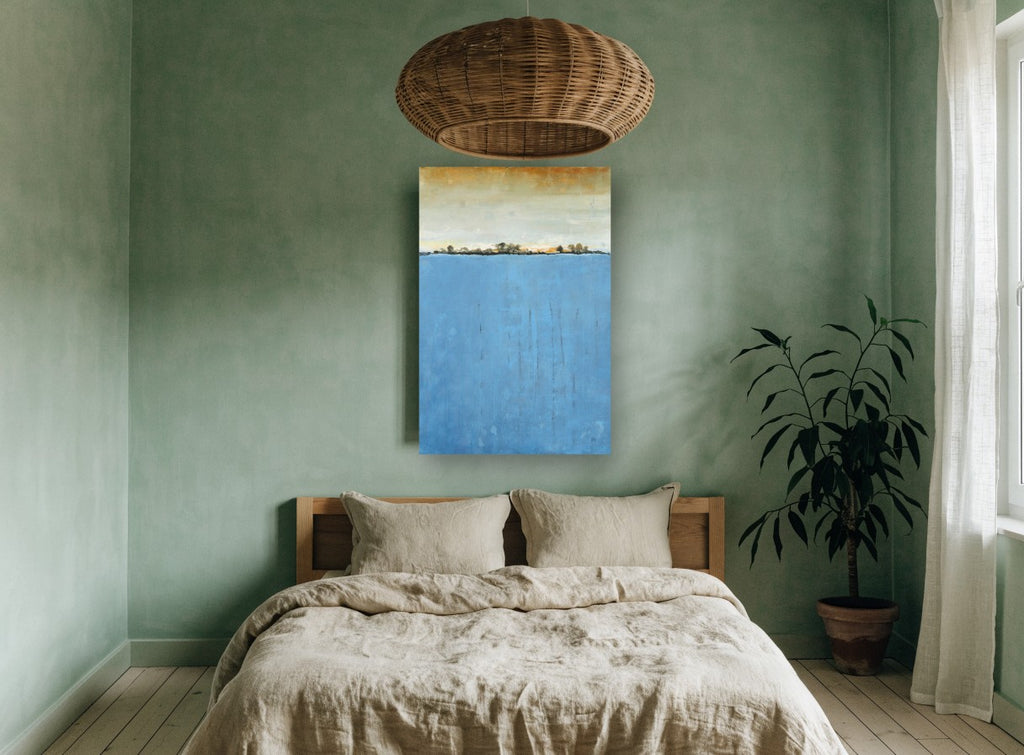 Blue Horizon Line landscape canvas print on the wall of a bedroom