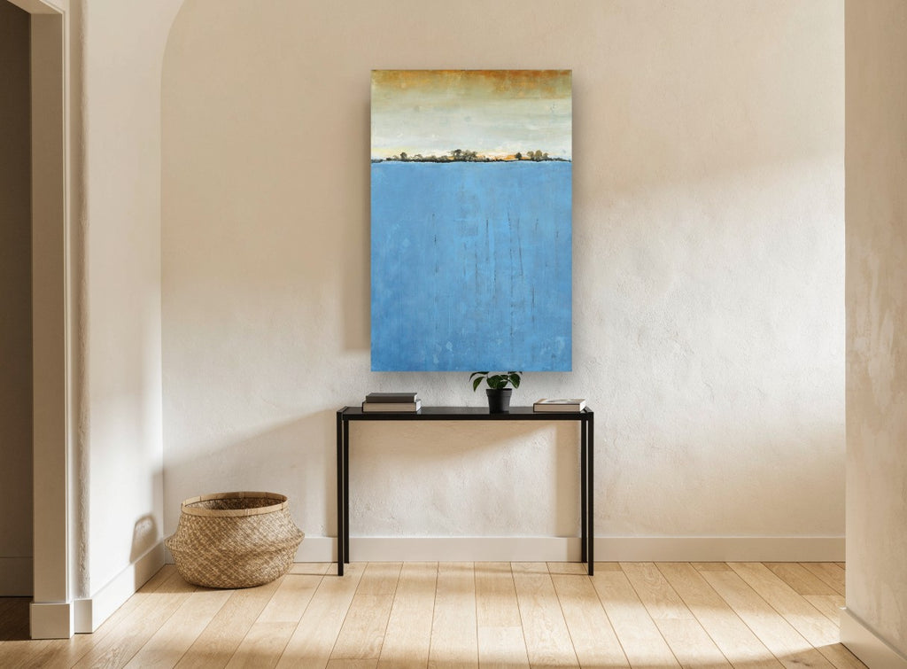 Blue Horizon Line landscape canvas print on the wall of a hallway