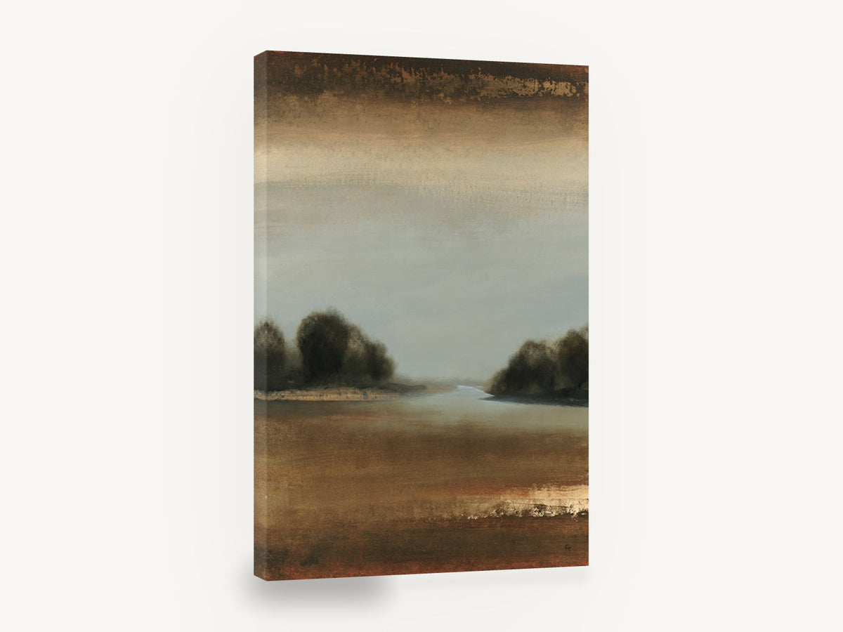 Dusk Inlet Reverie, misty inlet tree abstract landscape, landscape canvas wall art print ready to hang