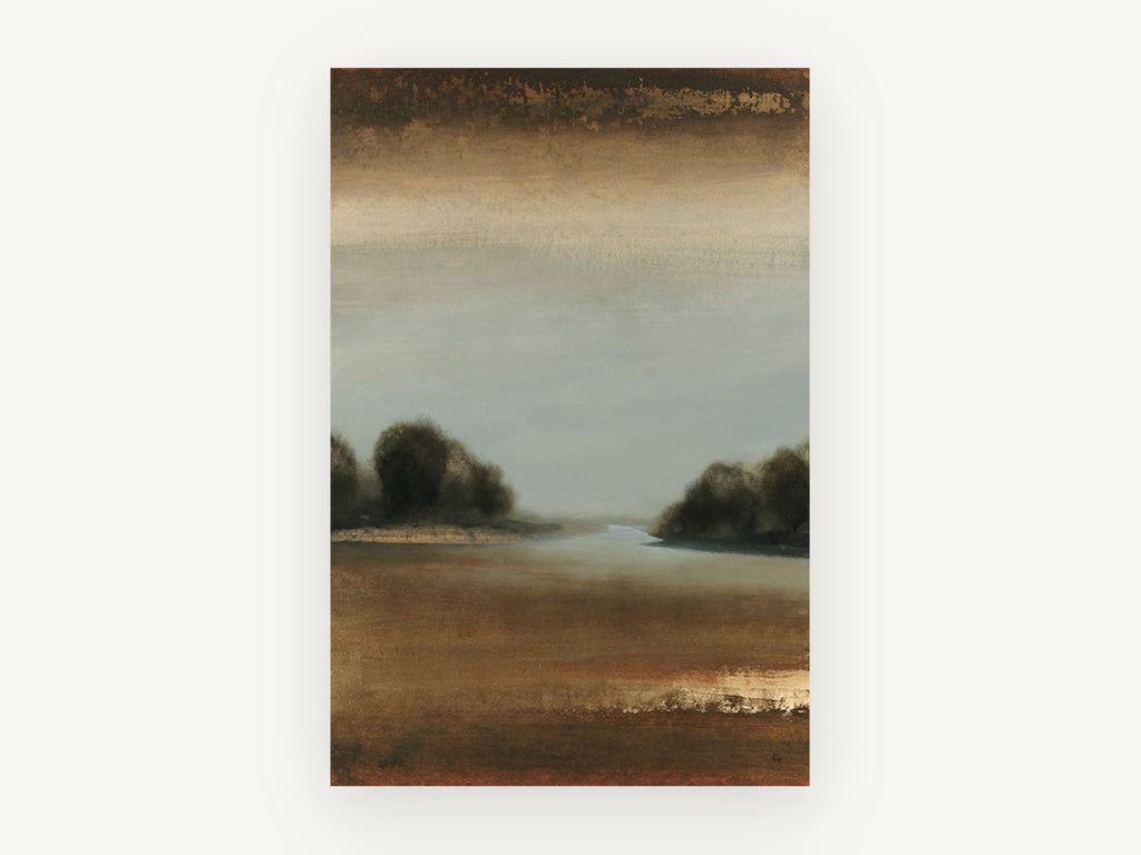 Dusk Inlet Reverie, misty inlet tree abstract landscape, landscape canvas wall art print, front view