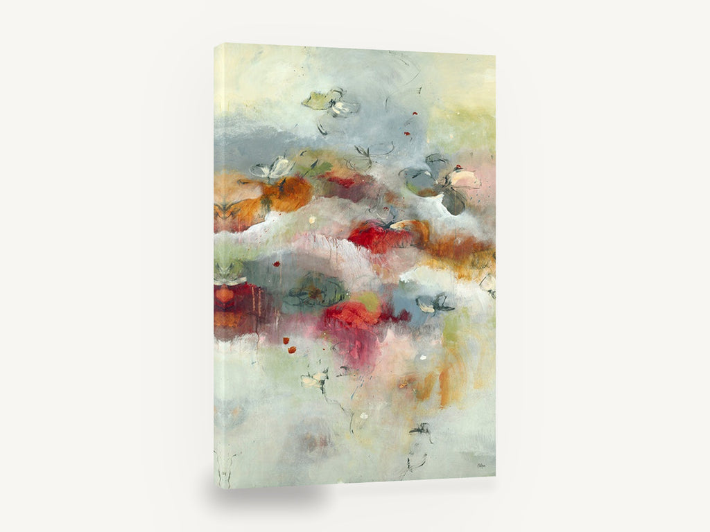 Drifting Poppy Haze, abstract floral red orange soft grey, floral canvas wall art print ready to hang