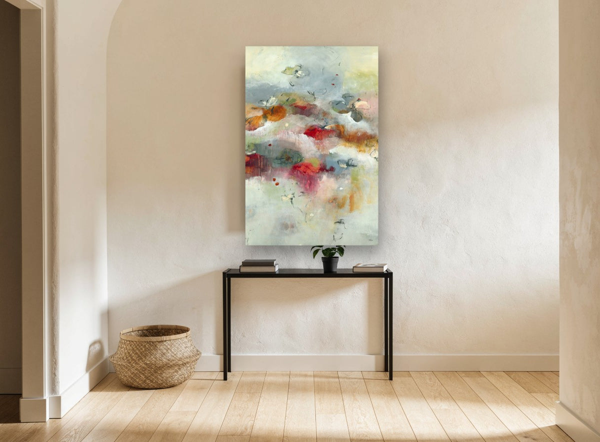 Drifting Poppy Haze floral canvas print on the wall of a hallway