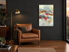 Drifting Poppy Haze floral canvas print on the wall of a charcoal living room