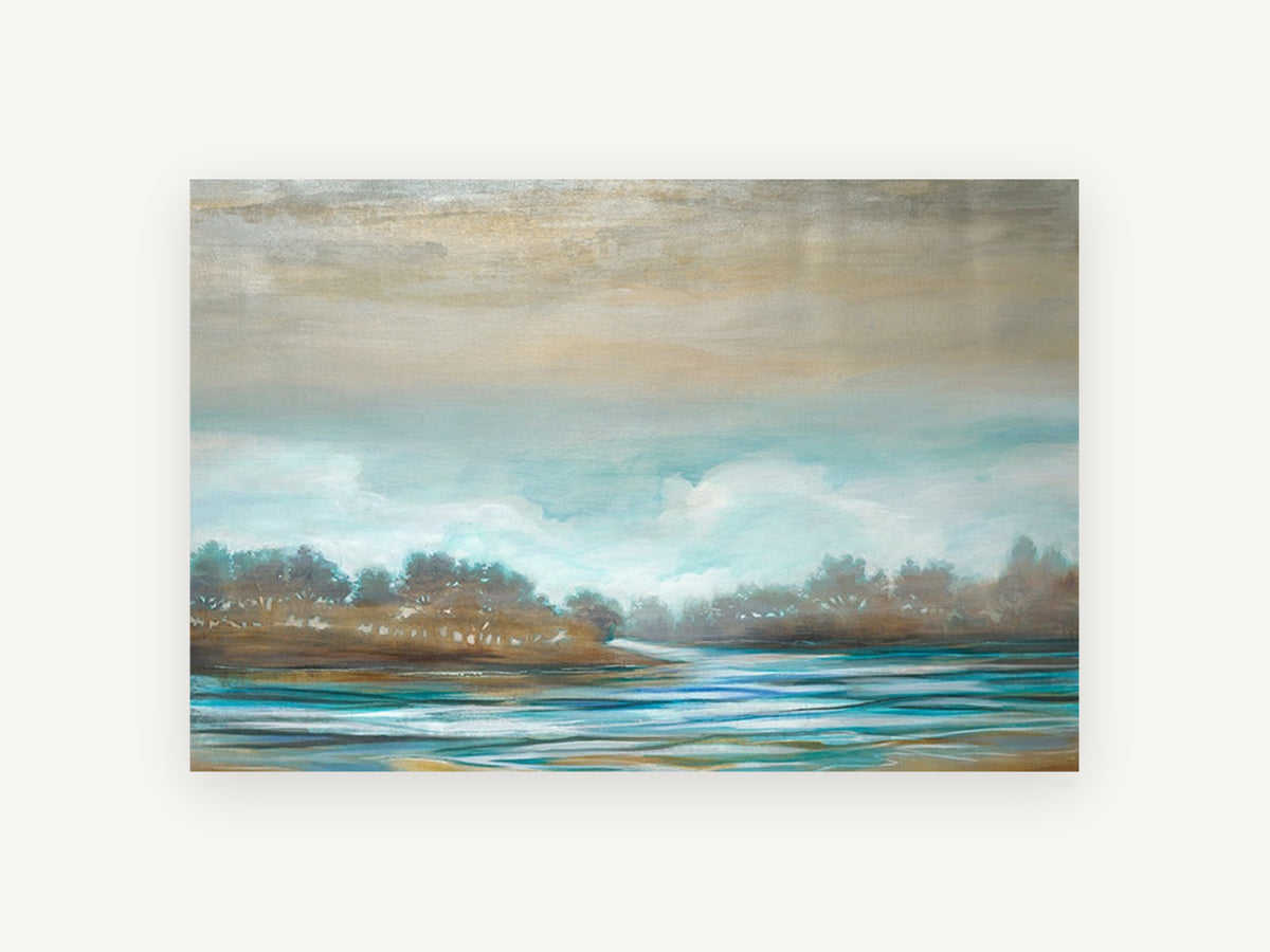 Misty Teal Inlet, teal lake shore abstract landscape, landscape canvas wall art print, front view