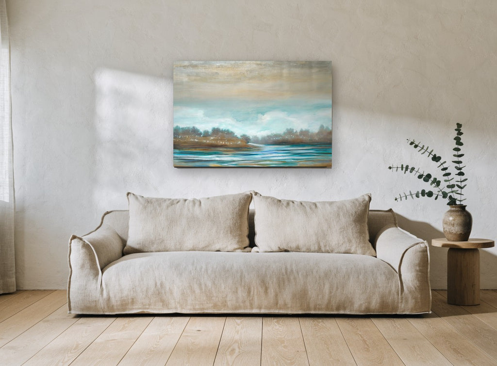 Misty Teal Inlet landscape canvas print on the wall of a living room