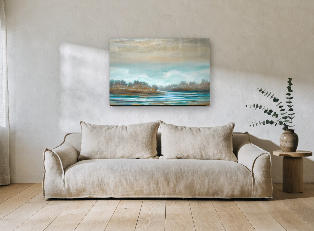 Misty Teal Inlet landscape canvas print on the wall of a living room