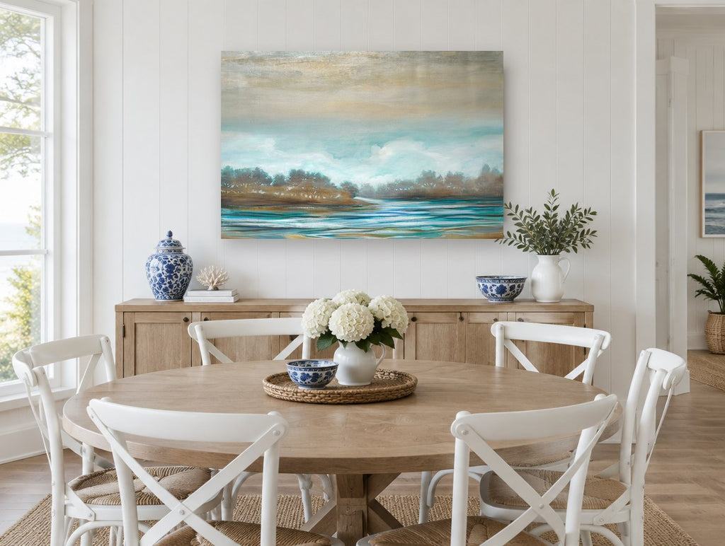 Misty Teal Inlet landscape canvas print on the wall of a Hamptons dining room