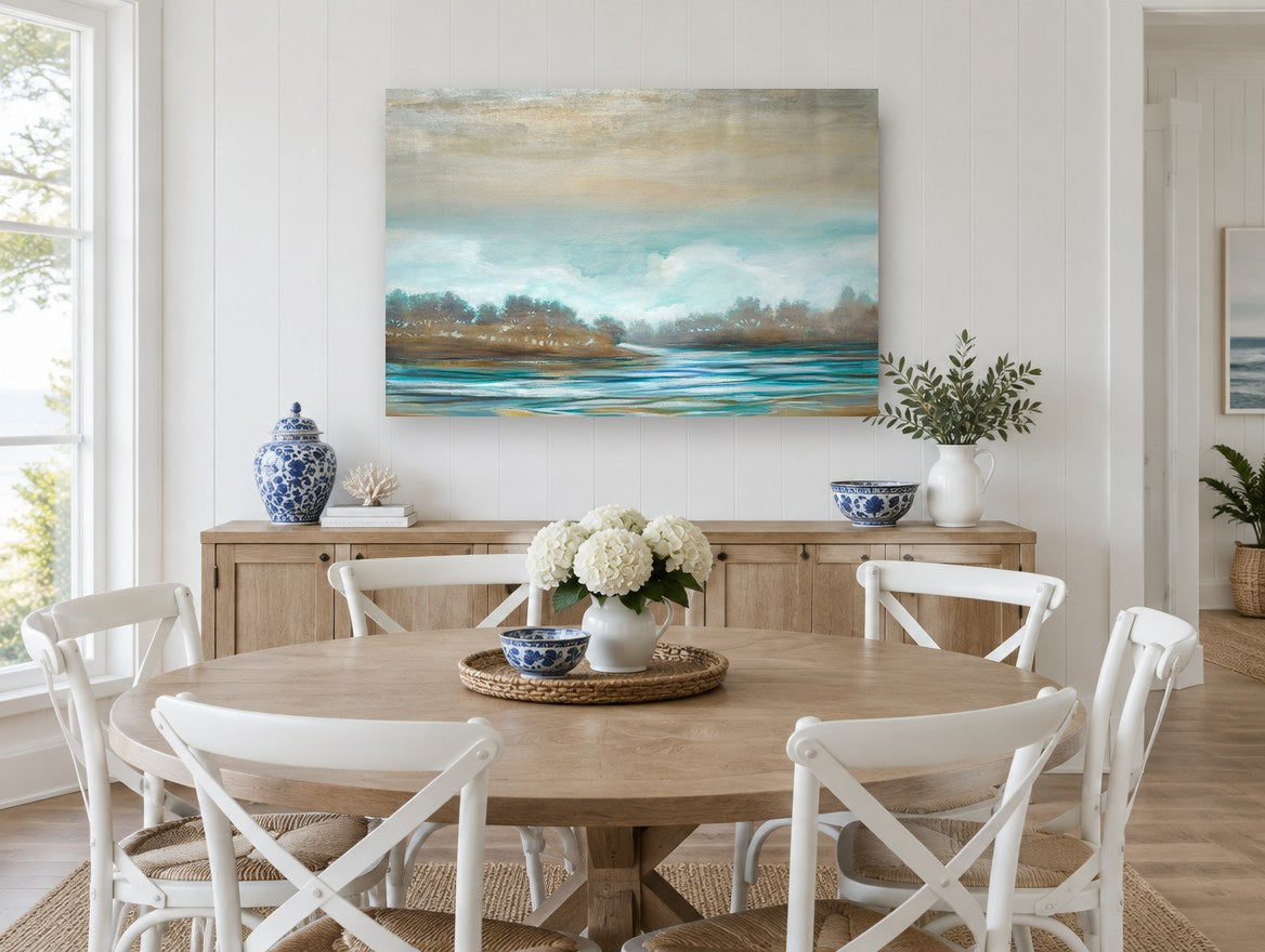 Misty Teal Inlet landscape canvas print on the wall of a Hamptons dining room