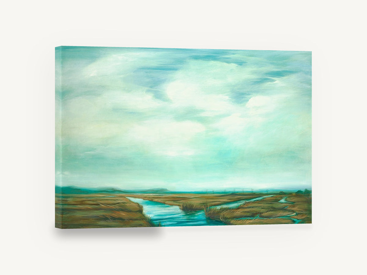 Teal Marsh Sky, teal wetland stream landscape painting, landscape canvas wall art print ready to hang
