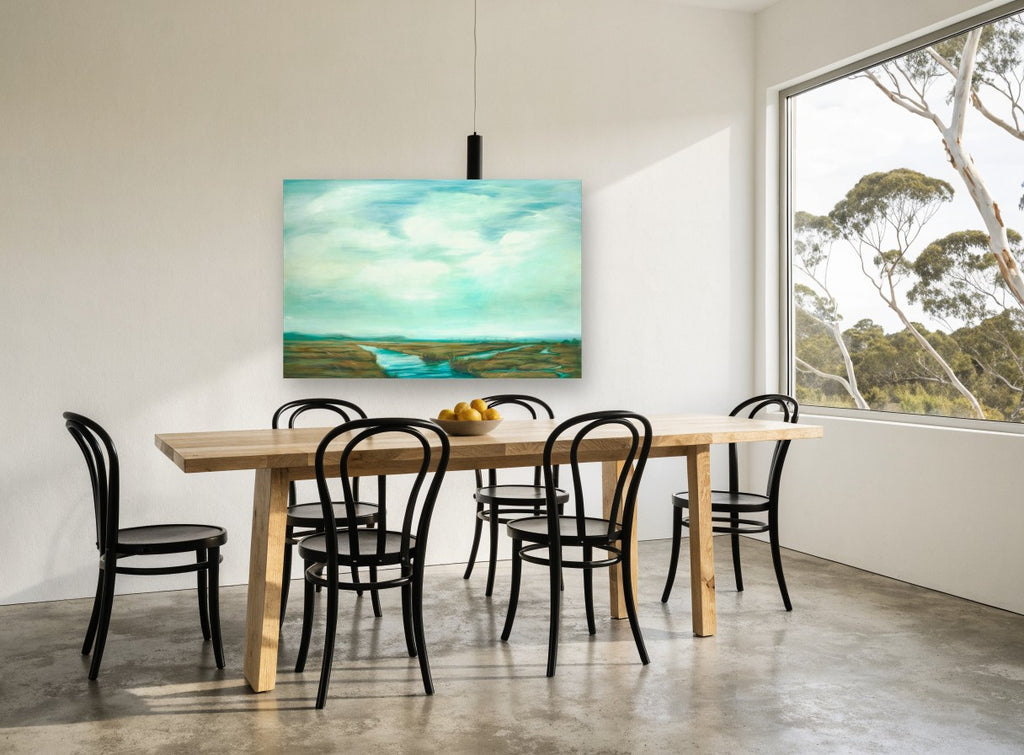 Teal Marsh Sky landscape canvas print on the wall of a dining room