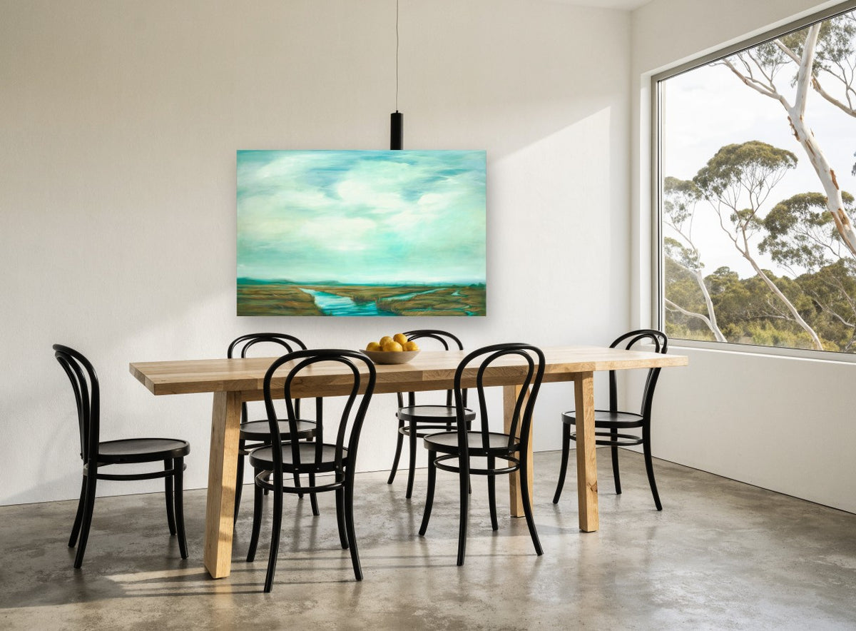 Teal Marsh Sky landscape canvas print on the wall of a dining room