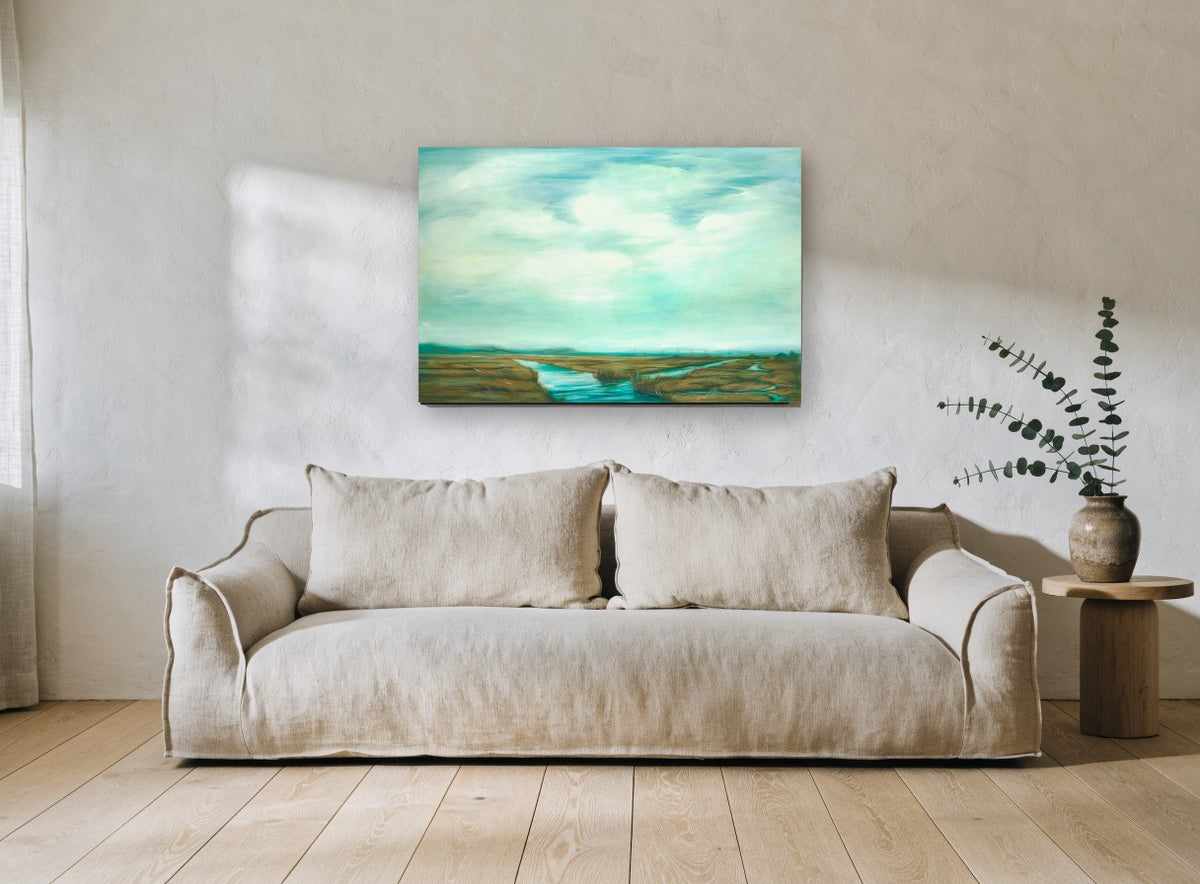 Teal Marsh Sky landscape canvas print on the wall of a living room