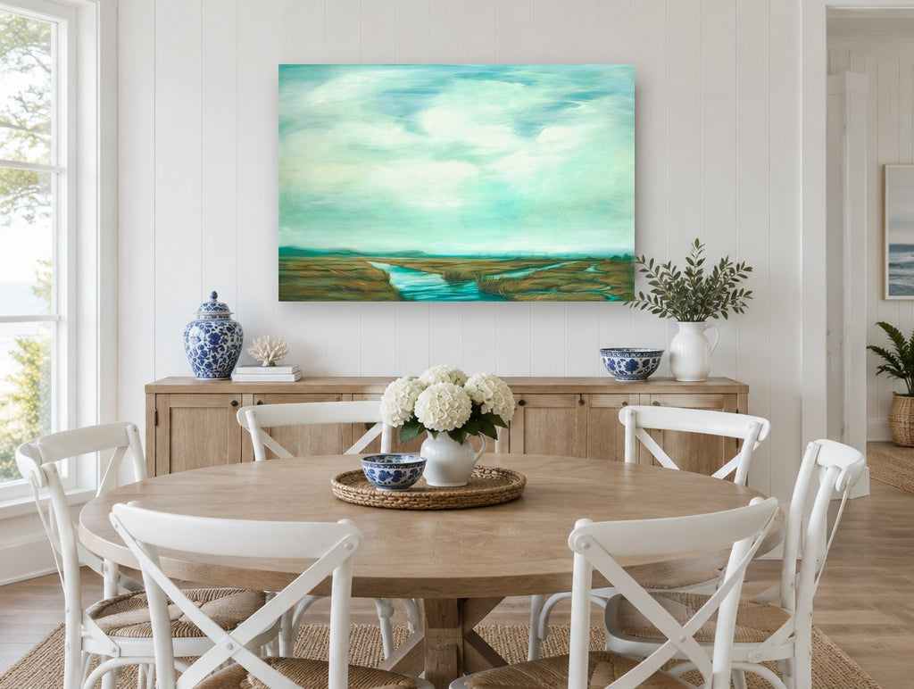 Teal Marsh Sky landscape canvas print on the wall of a Hamptons dining room