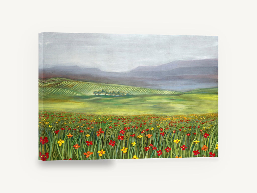 Poppy Meadow Haze, red poppy meadow landscape painting, floral canvas wall art print ready to hang