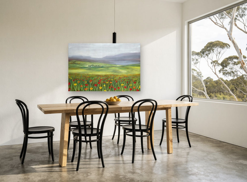Poppy Meadow Haze floral canvas print on the wall of a dining room