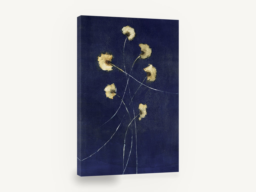 Gold Blooms on Indigo, gold flowers on indigo blue abstract, floral canvas wall art print ready to hang