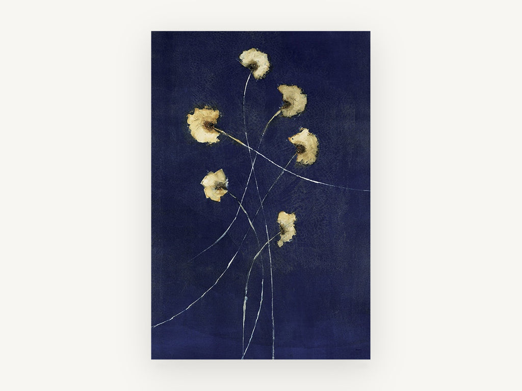 Gold Blooms on Indigo, floral canvas wall art print, front view