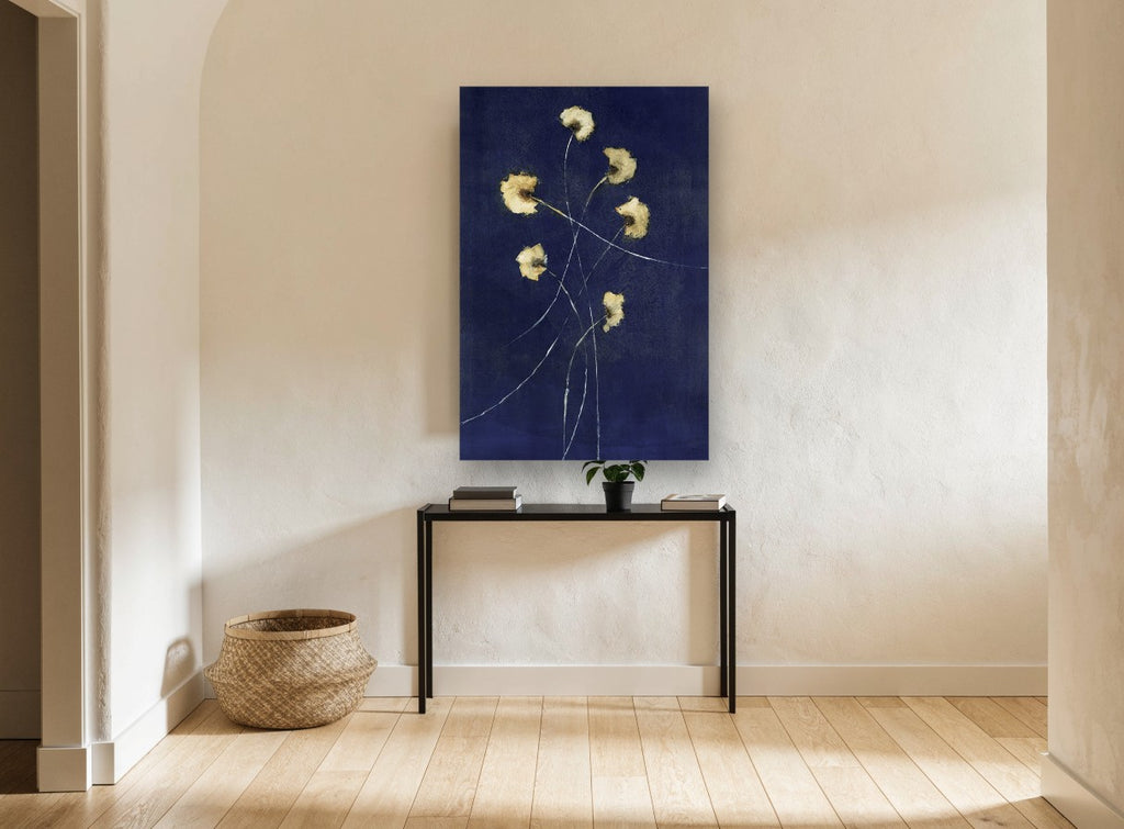 Gold Blooms on Indigo floral canvas print on the wall of a hallway