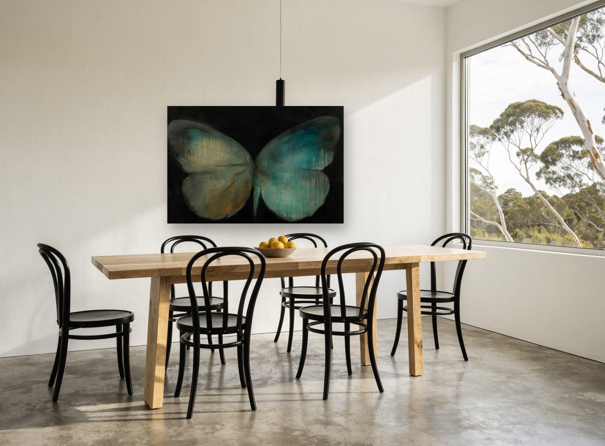 Teal Dusk Butterfly animal canvas print on the wall of a dining room