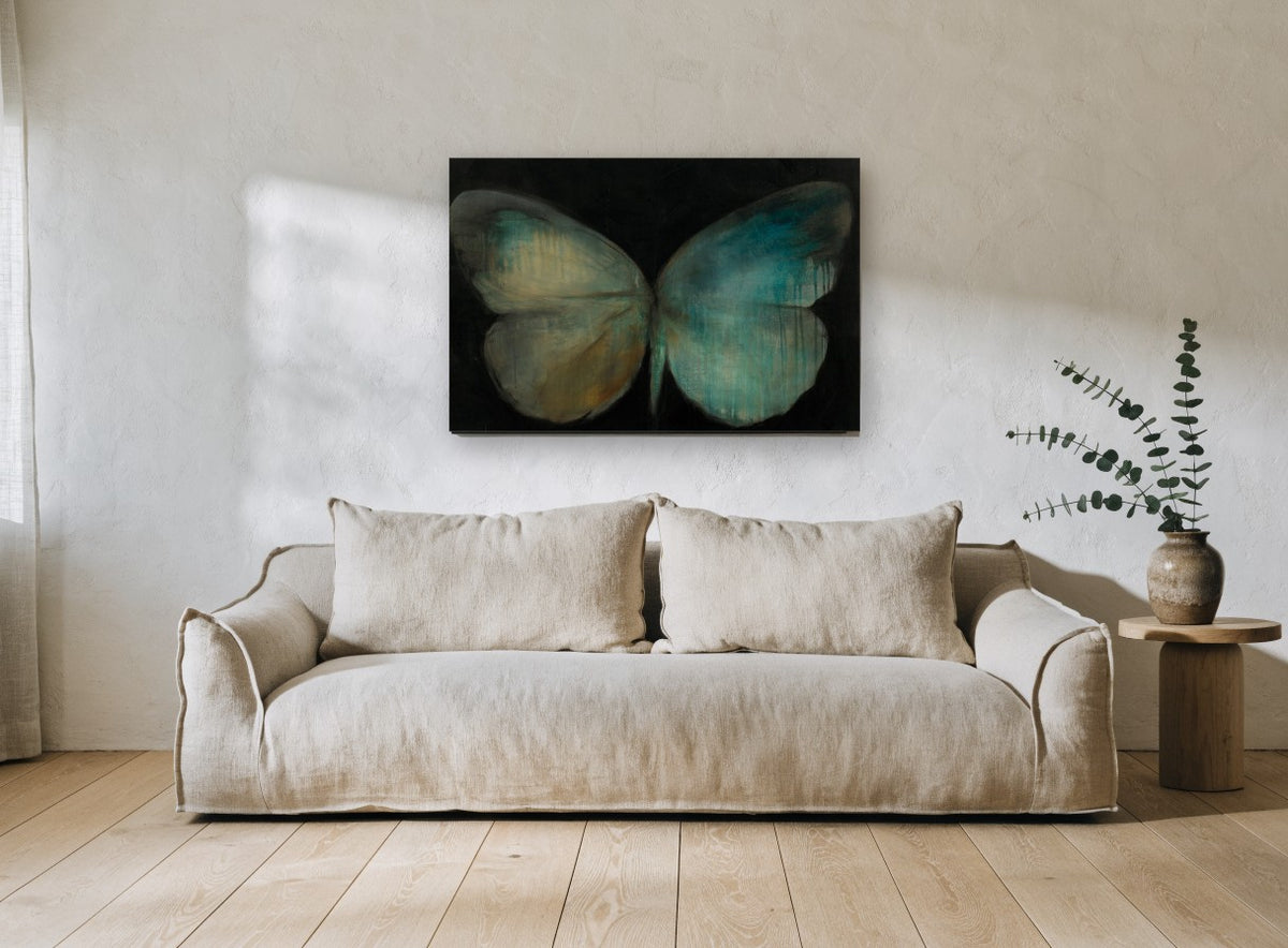 Teal Dusk Butterfly animal canvas print on the wall of a living room