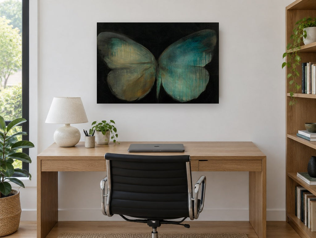 Teal Dusk Butterfly animal canvas print on the wall of a study