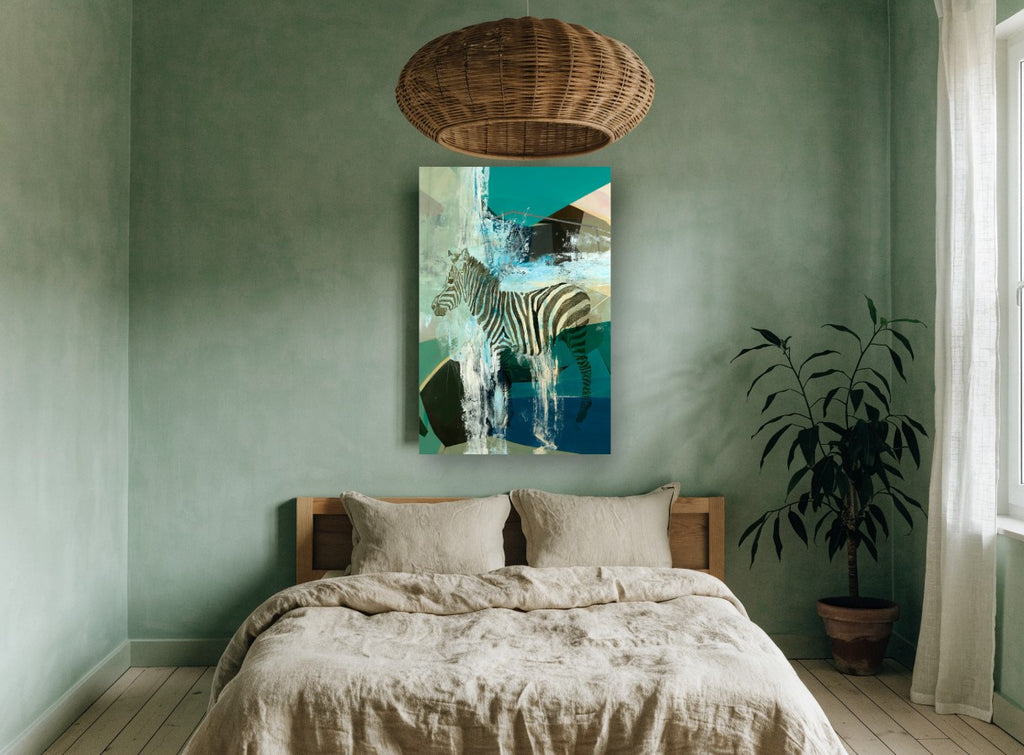 Zebra Through the Falls animal canvas print on the wall of a bedroom