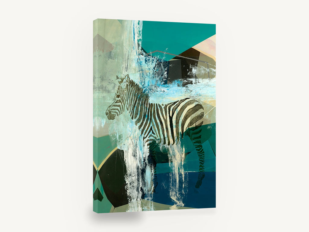 Zebra Through the Falls, abstract zebra collage artwork, animal canvas wall art print ready to hang