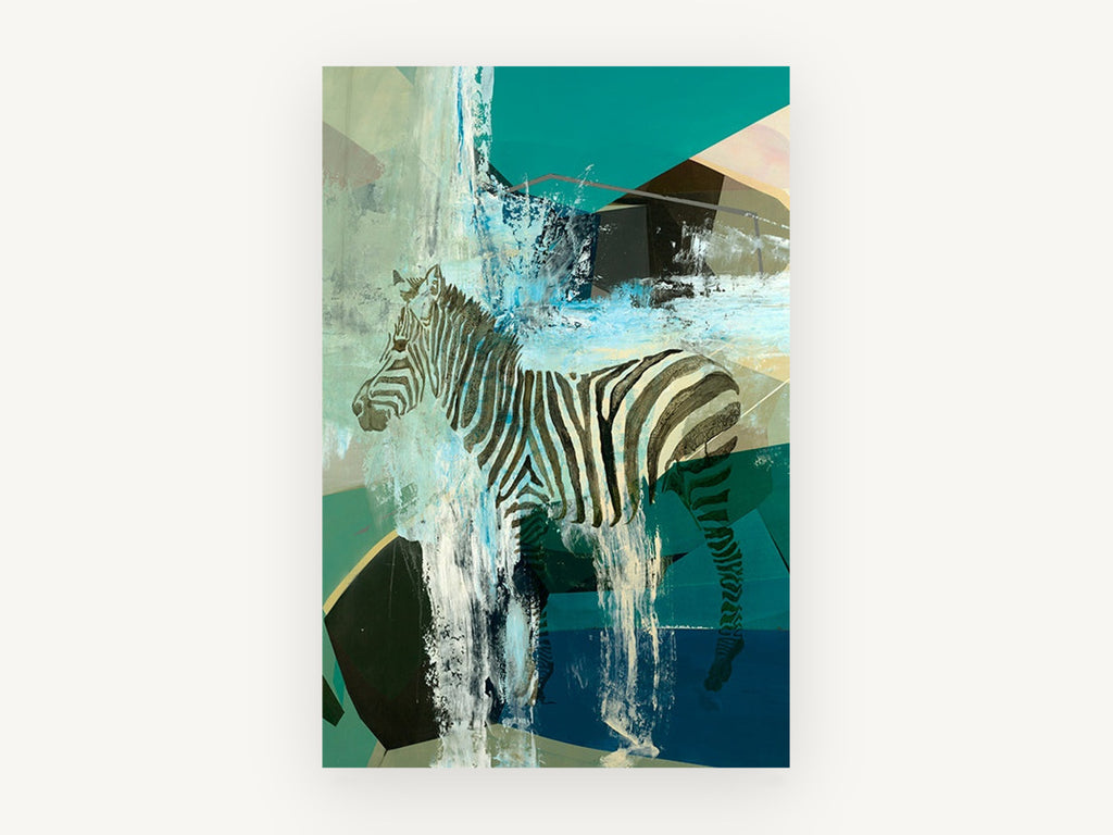Zebra Through the Falls, abstract zebra collage artwork, animal canvas wall art print, front view