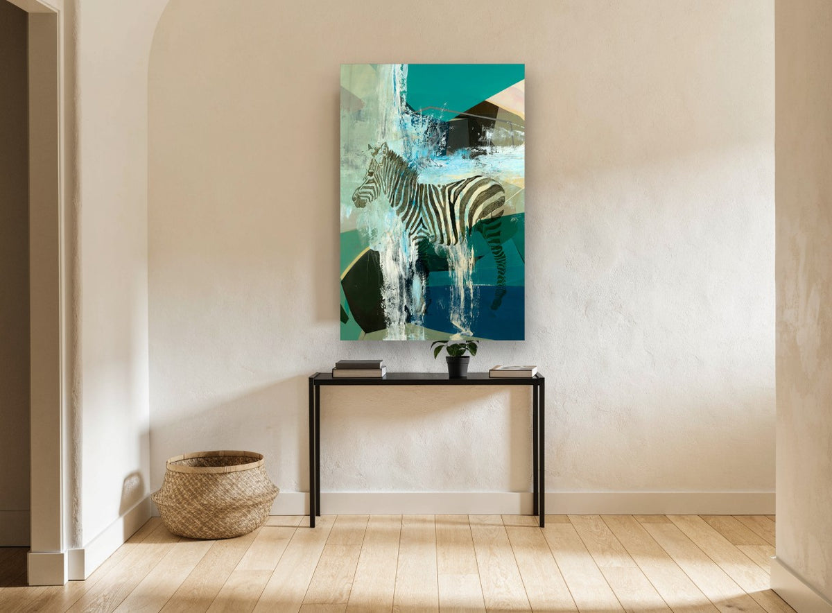 Zebra Through the Falls animal canvas print on the wall of a hallway