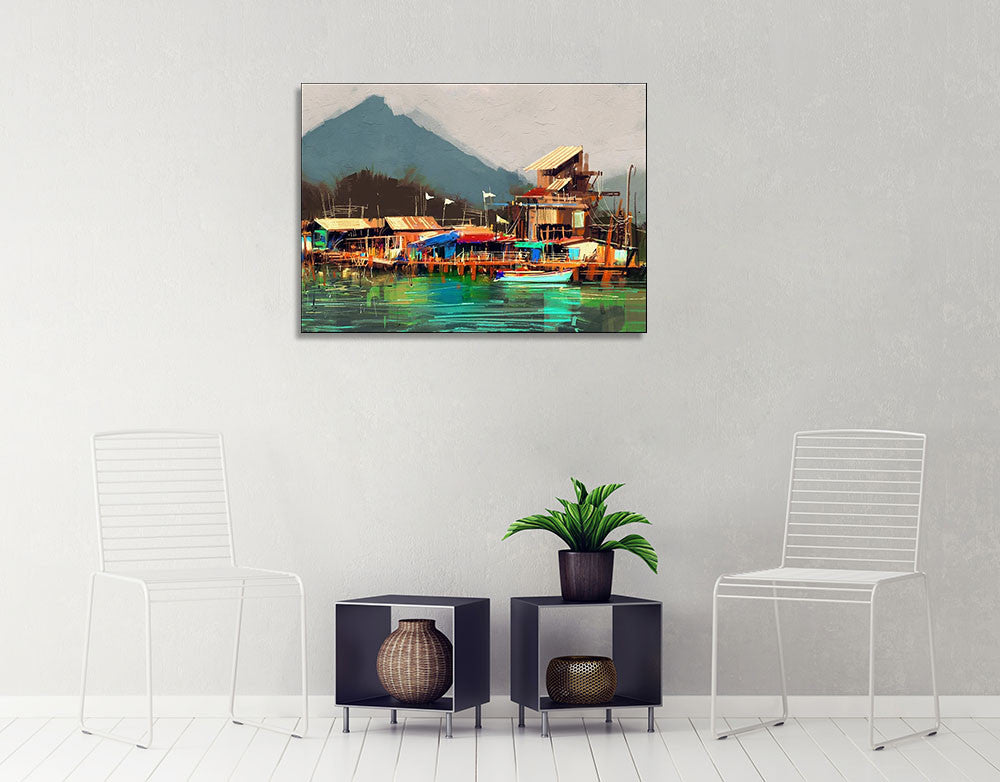Old Fishing Village Wall Art Print on the wall