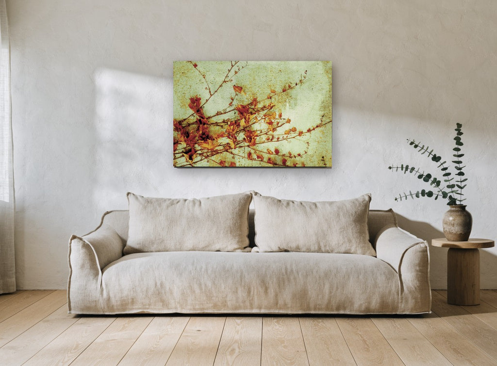 Autumn Vine Rust floral canvas print on the wall of a living room