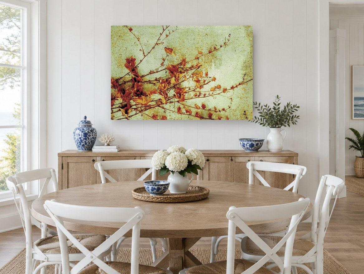 Autumn Vine Rust floral canvas print on the wall of a Hamptons dining room