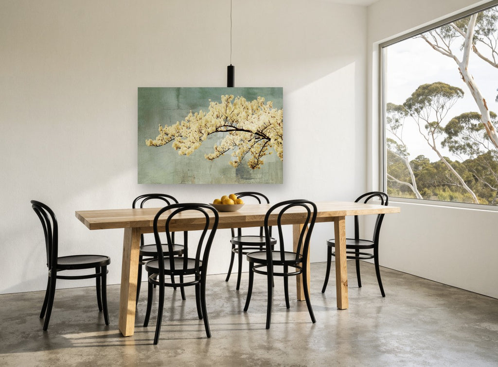 Cream Blossom Bough floral canvas print on the wall of a dining room