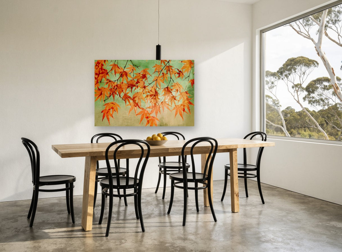 Autumn Maple Canopy floral canvas print on the wall of a dining room