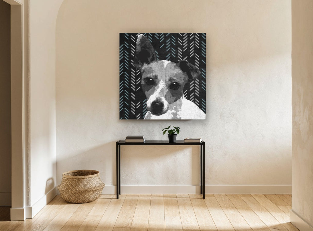Herringbone Terrier animal canvas print on the wall of a hallway