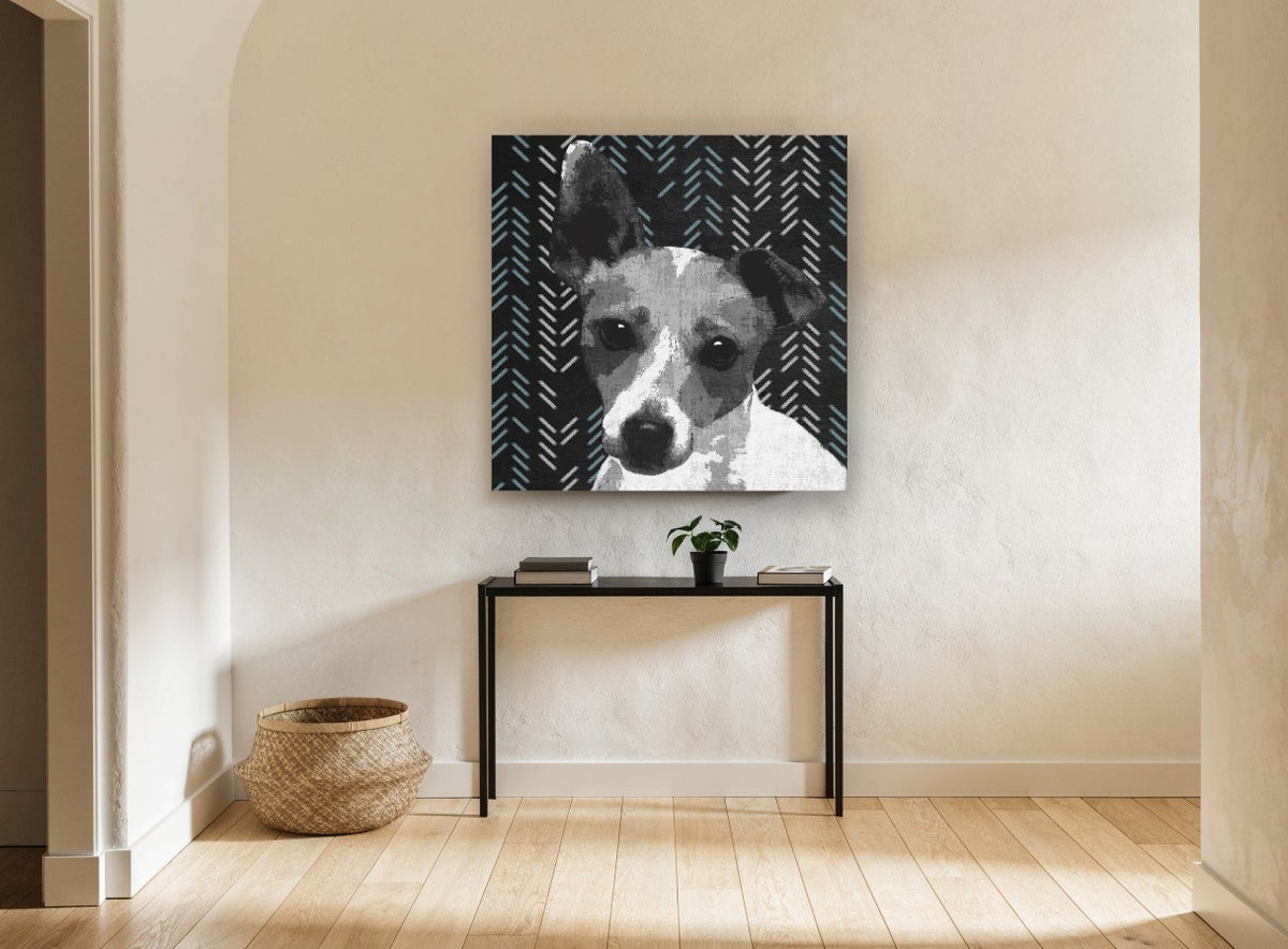Herringbone Terrier animal canvas print on the wall of a hallway
