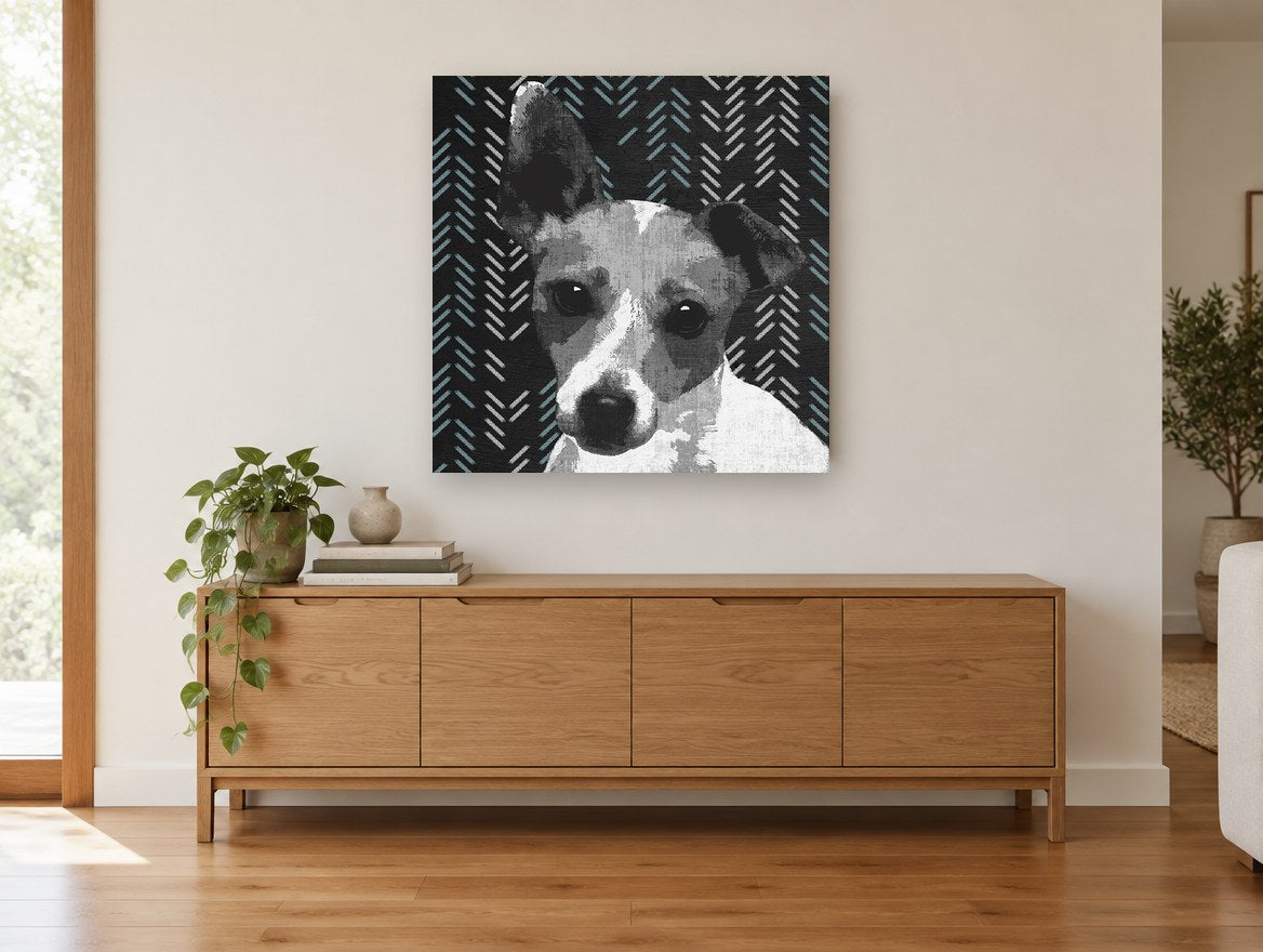 Herringbone Terrier animal canvas print on the wall of a living room above a sideboard