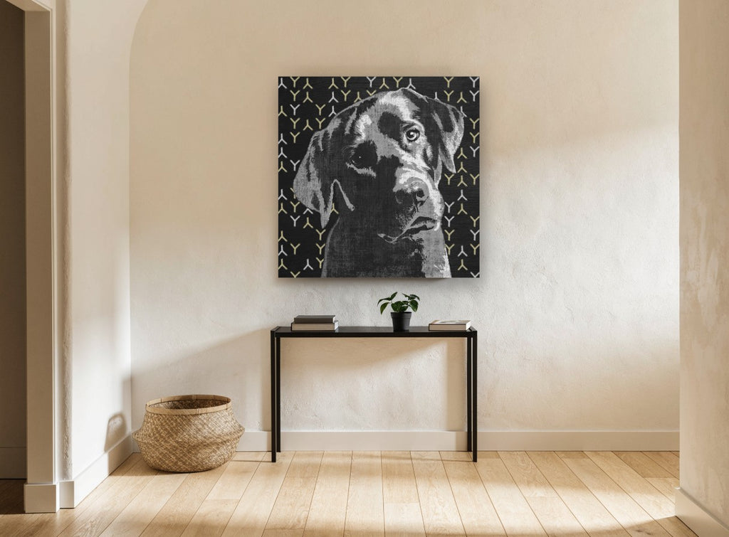 Pensive Black Lab animal canvas print on the wall of a hallway
