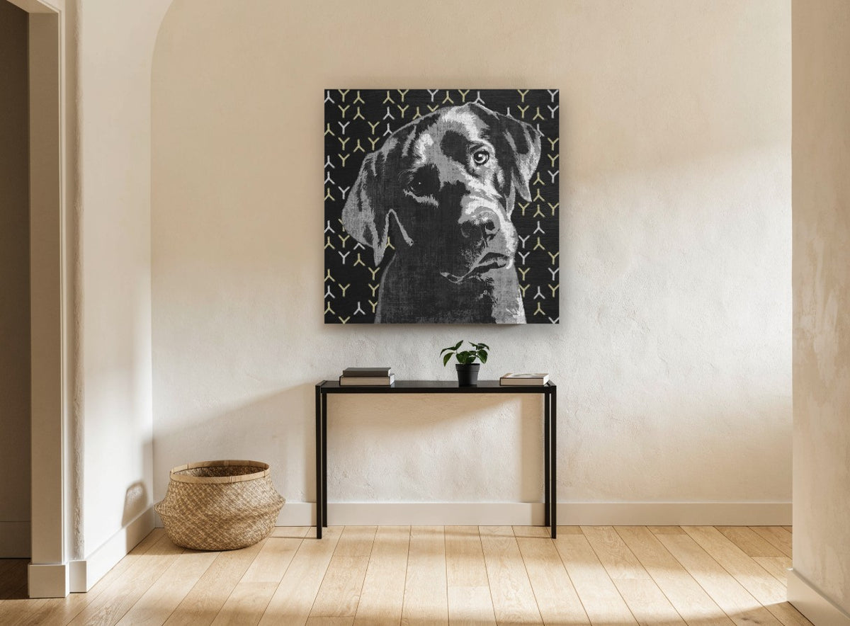 Pensive Black Lab animal canvas print on the wall of a hallway
