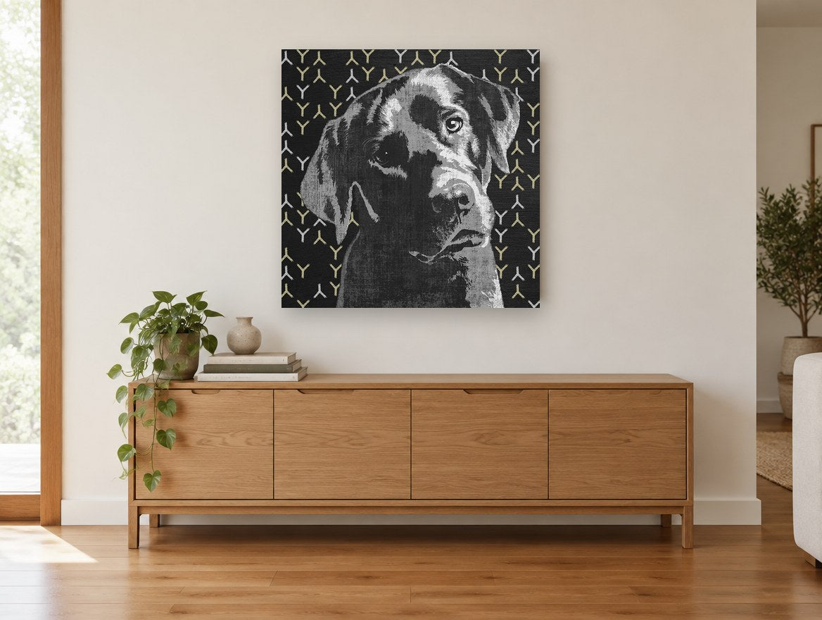Pensive Black Lab animal canvas print on the wall of a living room above a sideboard