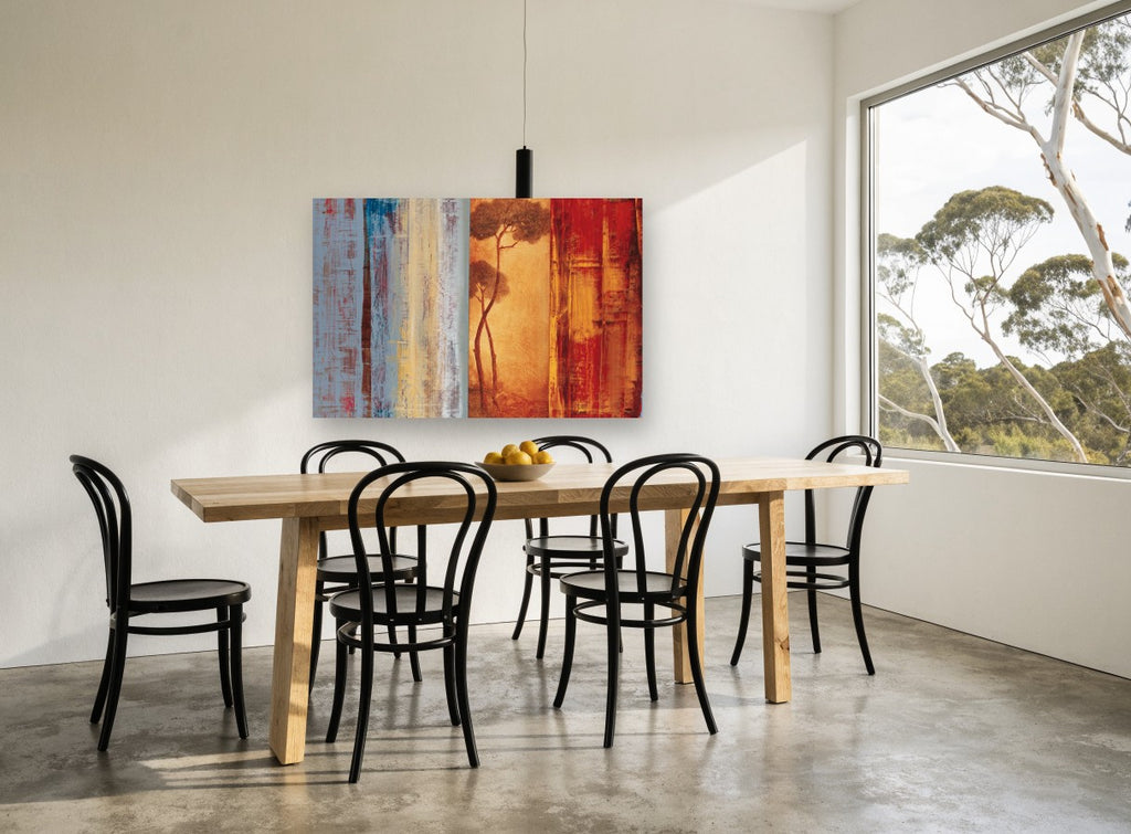 Pines Between Colour Bands floral canvas print on the wall of a dining room