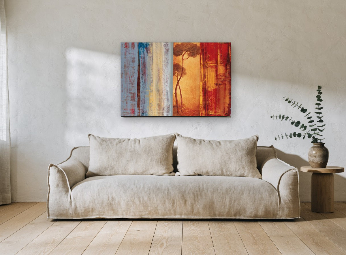 Pines Between Colour Bands floral canvas print on the wall of a living room