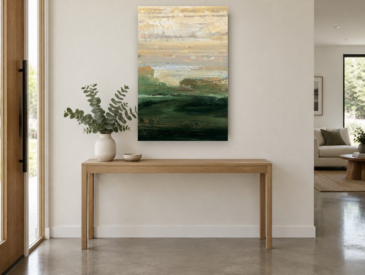 Dusk Over Green Hollow landscape canvas print on the wall of a entry hall