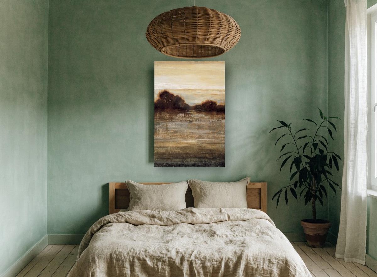 Sienna Water Dusk landscape canvas print on the wall of a bedroom