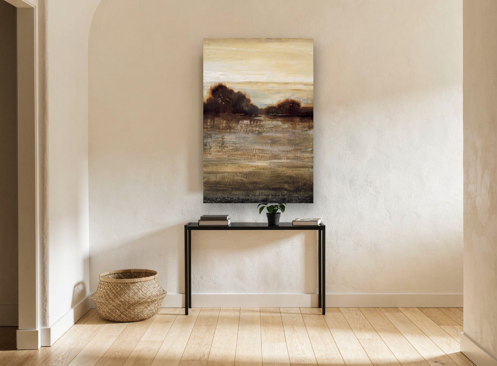 Sienna Water Dusk landscape canvas print on the wall of a hallway