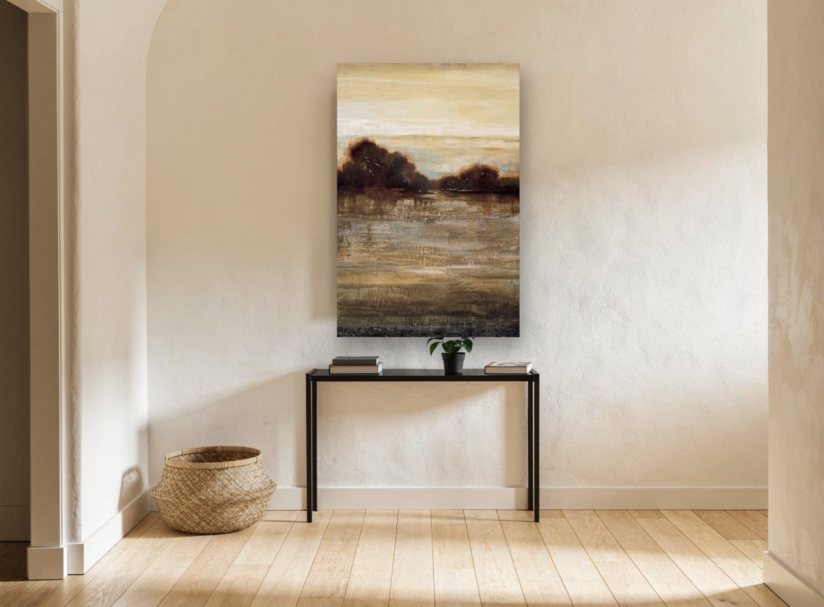 Sienna Water Dusk landscape canvas print on the wall of a hallway