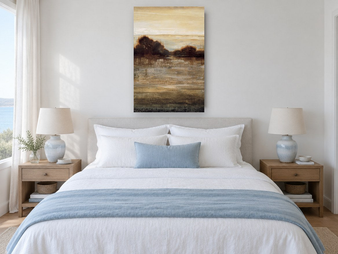 Sienna Water Dusk landscape canvas print on the wall of a bedroom